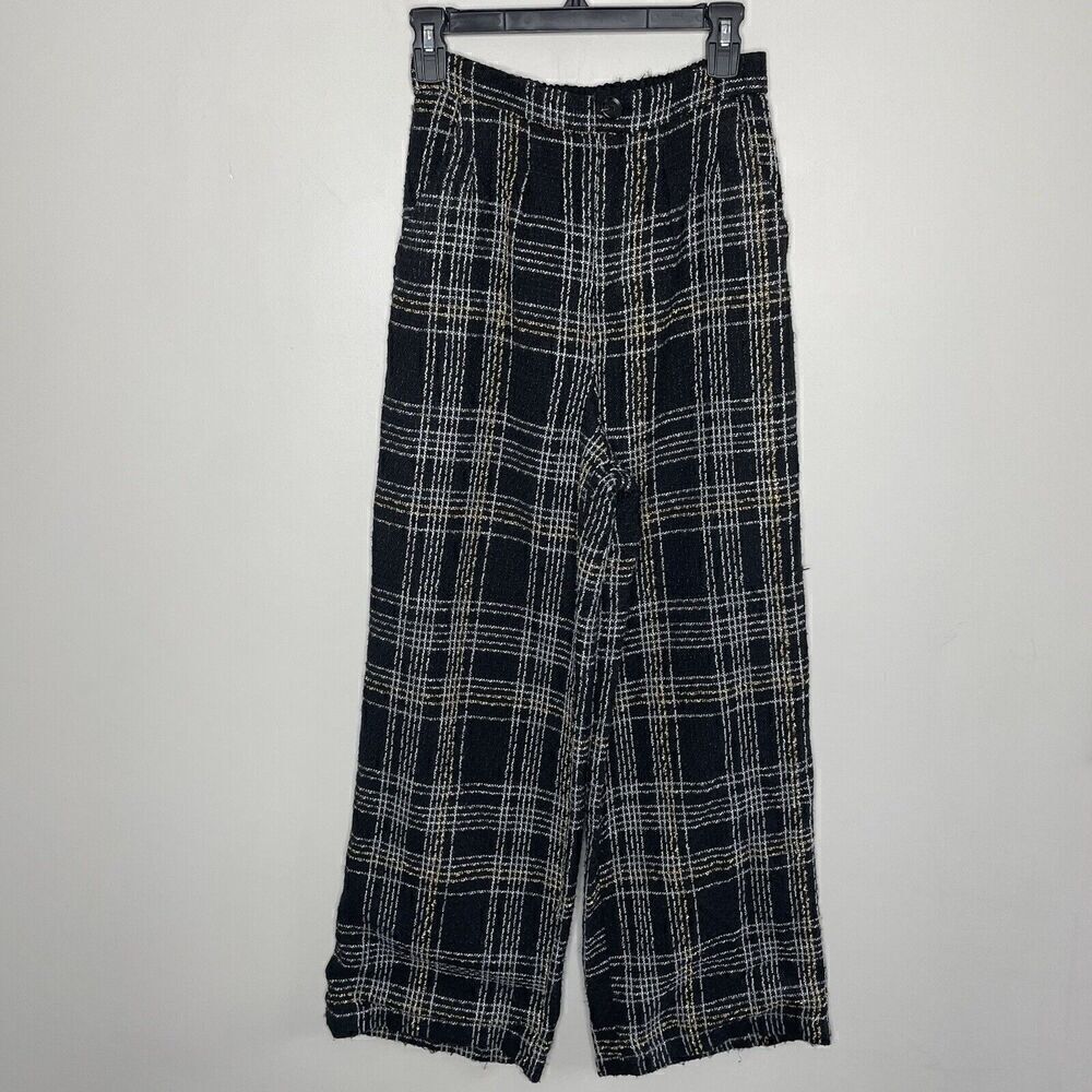 SLATE & WILLOW Pants Womens Small Black Tweed Wide Leg Trousers Plaid - Picture 2 of 15